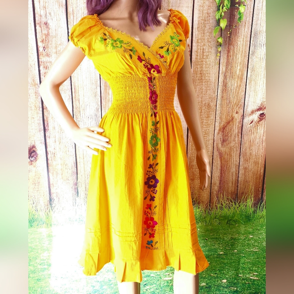 Embroidered dress, orange/yellow, flowers, 100% cotton, *Size Small*